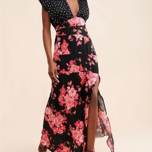 Free People Juniper Black Floral Maxi Dress with Pink Rose Print